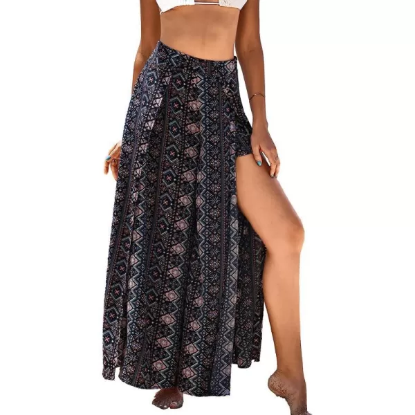 imageCUPSHE Womens Beach Boho Floral Cover Up Pants Black Elastic Waist Split Side Swimsuit Bkini Cover Up MaxiBlack