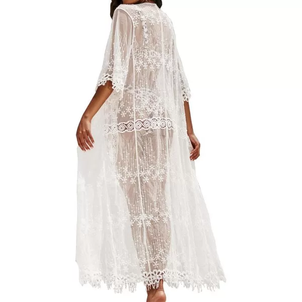 imageCUPSHE Womens Beach Cover Up Crochet Insert MidCalf Kimono with Short SleeveWhite
