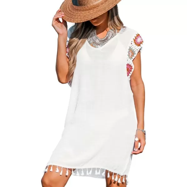 imageCUPSHE Womens Beach Cover Ups Swimwear Bathing Suit Cover Up Short Sleeves V Neck Tassel Mini DressWhite