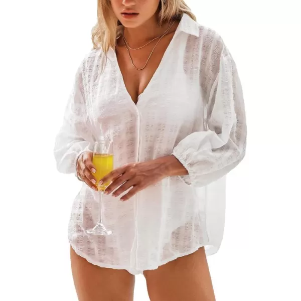imageCUPSHE Womens Beach Cover Ups Swimwear Bathing Suit Cover Up V Neck Button ShirtOffwhite