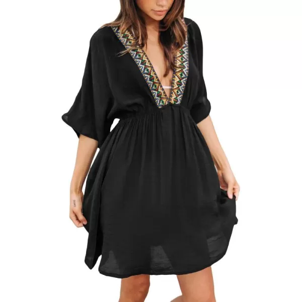 imageCUPSHE Womens Beach Cover Ups Swimwear Bathing Suit Cover Up V Neck Mini Embroidered Cover Up DressBlack
