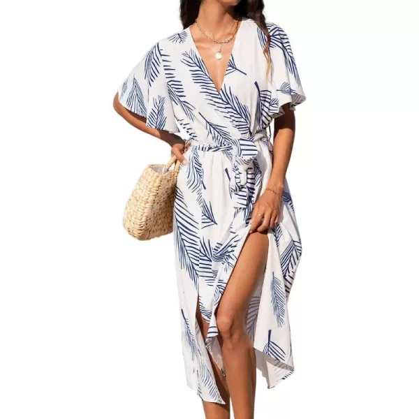 imageCUPSHE Womens Belted Abstract Leaf Print Midi Dress Short Sleeves V Neck Dresses Casual SummerBlue Leaves