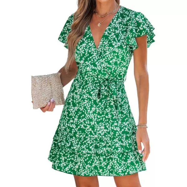 imageCUPSHE Womens Belted Ditsy Floral Mini Dress V Neck Short Sleeves A Line DressGreen