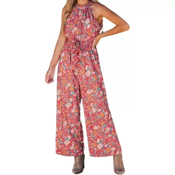 imageCUPSHE Womens Belted Floral Print Mock Neck Jumpsuit SleevelessRed Floral