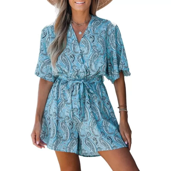 imageCUPSHE Womens Belted Paisley Print Romper Mini Surplice Neck Jumpsuit with Short Dolman SleevesBlue Floral