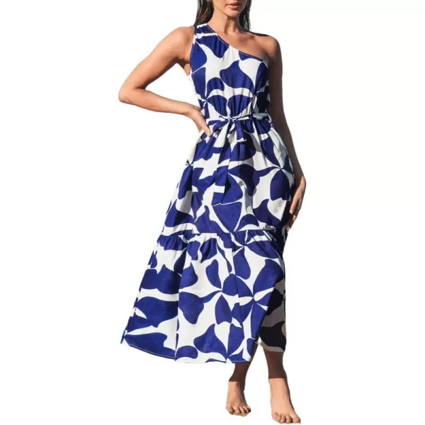 imageCUPSHE Womens Belted Print OneShoulder Dress OneShoulder Summer Maxi DressBlue Floral