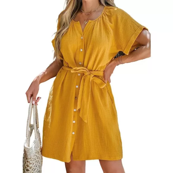 imageCUPSHE Womens Belted Seersucker Mini Dress Short Sleeves Dresses ButtonFront Dressing Casual SummerYellow