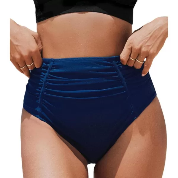 imageCUPSHE Womens Bikini Bottom High Waisted Tummy Control Ruched Cheeky High CutNavy Blue