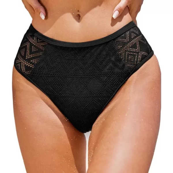 imageCUPSHE Womens Bikini Bottom Mid Rise Swimsuit Hollow Out Jacquard Texture Swimwear No TopBlack