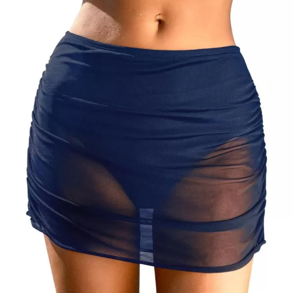imageCUPSHE Womens Bikini Bottom Swim Skirt Mesh Mid Rise Full Coverage Ruched Bathing SuitNavy Blue