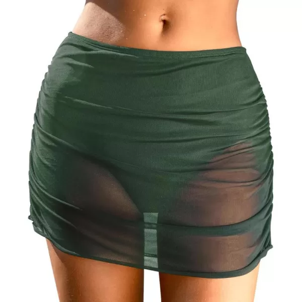 imageCUPSHE Womens Bikini Bottom Swim Skirt Mesh Mid Rise Full Coverage Ruched Bathing SuitTimber Green