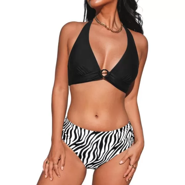 imageCUPSHE Womens Bikini Set Halter Ruched Tie Back Mid RiseBlack