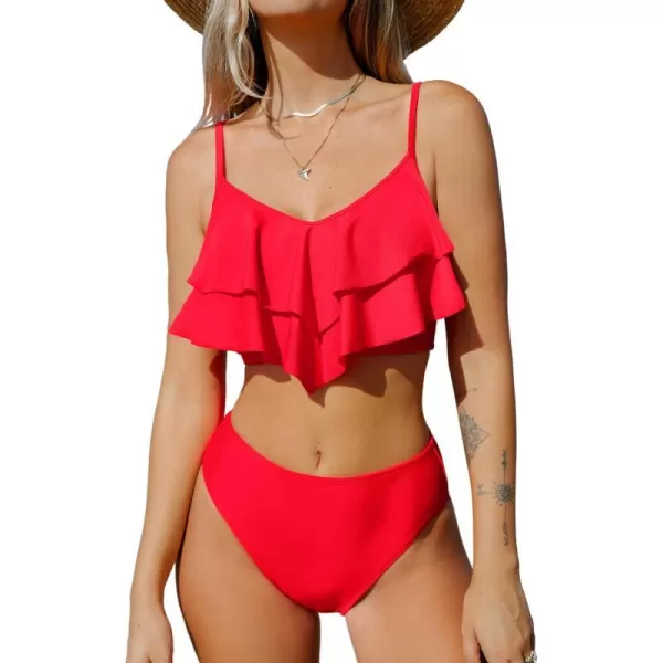 imageCUPSHE Womens Bikini Set Two Piece High Waisted Swimsuits Tiered Ruffled SwimwearRed