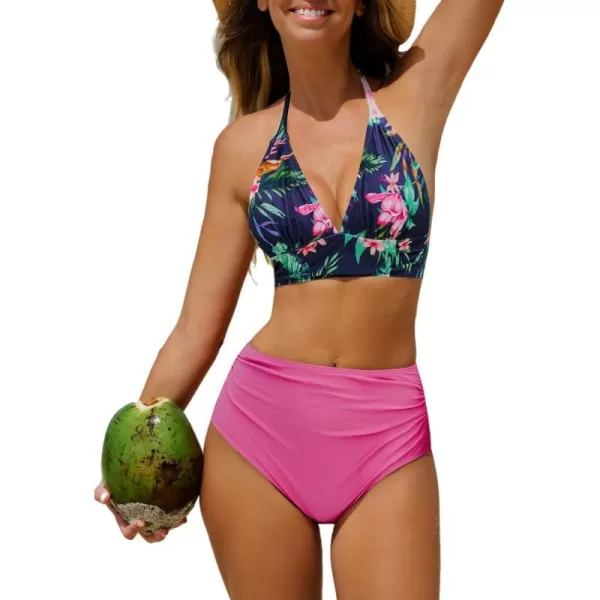 imageCUPSHE Womens Bikini Set Two Piece High Waisted V Neck Halter Ruched Back Self Tie Bathing SuitsNavy BluePink