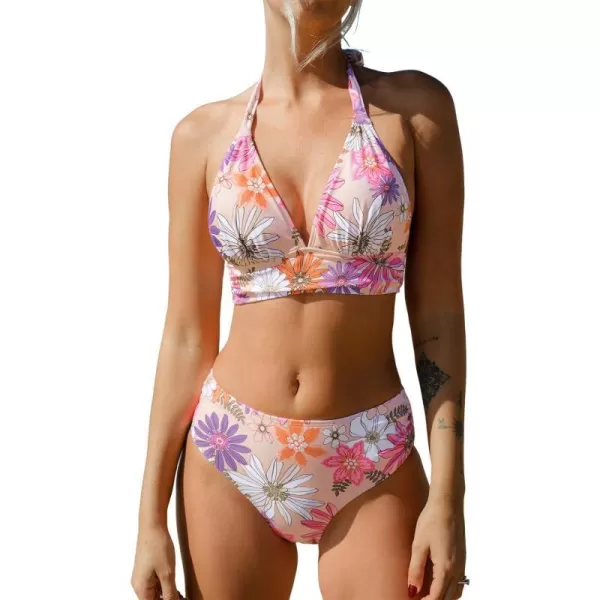 imageCUPSHE Womens Bikini Set Two Piece High Waisted V Neck Halter Ruched Back Self Tie Bathing SuitsPink Floral