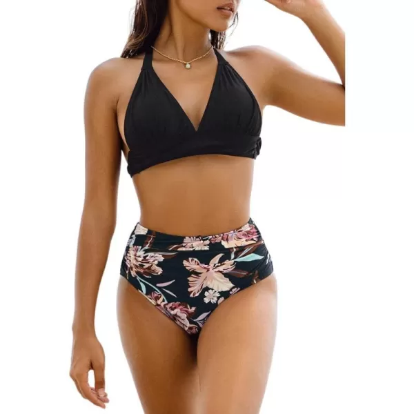 imageCUPSHE Womens Bikini Set Two Piece Swimsuit Halter Triangle Top Back Tie Floral Shirred High Waisted BottomBlack and Floral