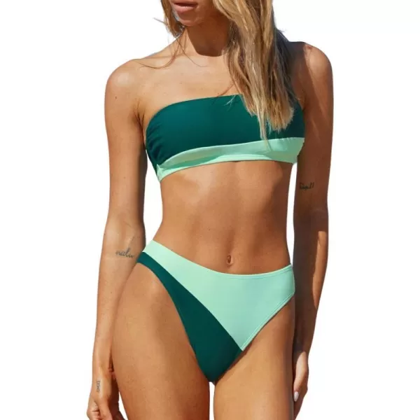 imageCUPSHE Womens Bikini Set Two Piece Swimsuit One Shoulder Color Block VCut Mid Rise SwimwearGreen