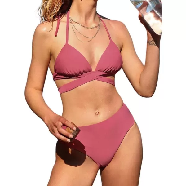 imageCUPSHE Womens Bikini Set Two Piece Swimsuit Reversible Bottoms Triangle Halter Wrap Back Tie SwimwearPink and Floral
