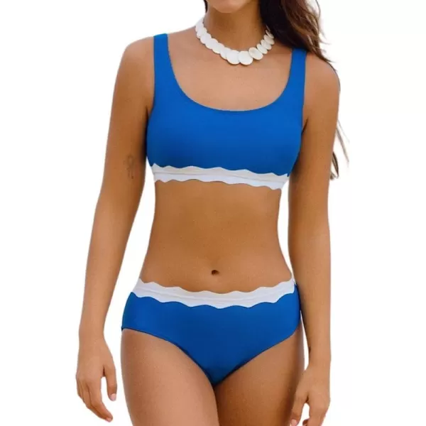imageCUPSHE Womens Bikini Set Two Piece Swimsuit Scoop Neck Wide Straps Color Block Mid Rise SwimwearBlue