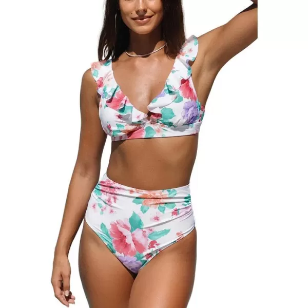 imageCUPSHE Womens Bikini Set Two Piece Swimsuit Shirred High Waisted Floral Ruffled Back Tie SwimwearWhite and Floral