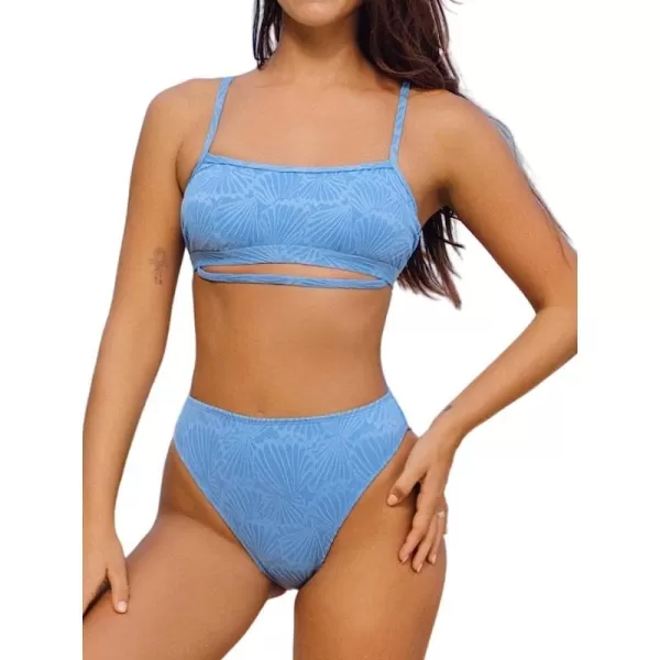 imageCUPSHE Womens Bikini Set Two Piece Swimsuit Squared Neck LaceUp High Waisted Cheeky Texture SwimwearBaby Blue