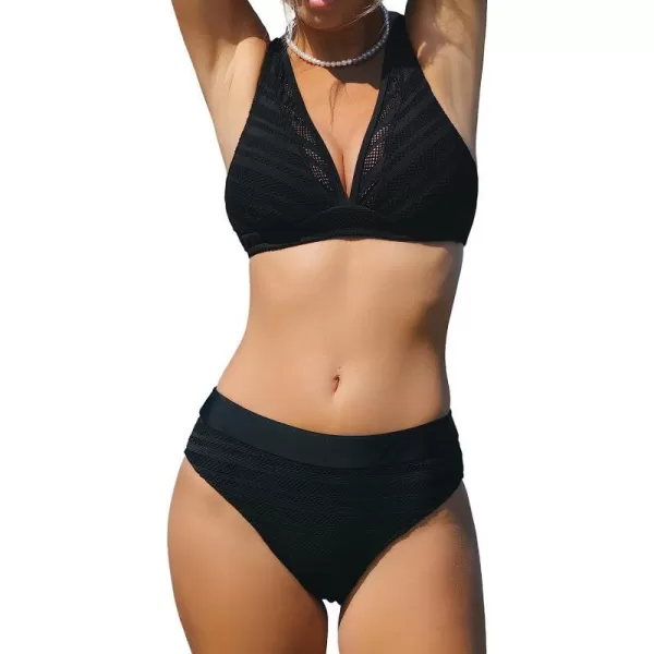 imageCUPSHE Womens Bikini Set Two Piece Swimsuit V Neck Back Hook Crochet SwimwearBlack