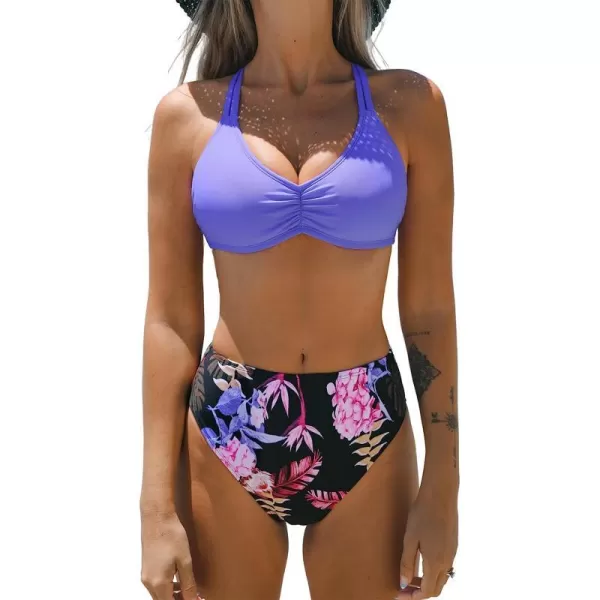 imageCUPSHE Womens Bikini Set Two Piece Swimsuit V Neck Ruched Back Self Tie High Waisted Bottom Hydrangea FloralPurpleBlackFloral