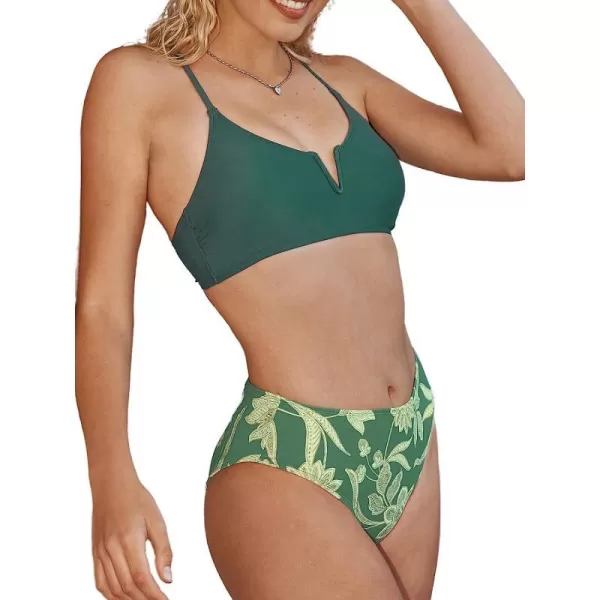 imageCUPSHE Womens Bikini Set Two Piece Swimsuit VWire Strappy Floral Mid Rise SwimwearGreen and Floral