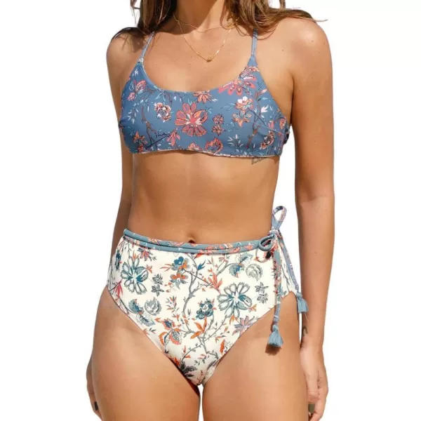 imageCUPSHE Womens Bikini Set Two Piece Swimsuits High Waisted Scoop Neck Crisscross Back Self Tie Reversible TopBlueBeige