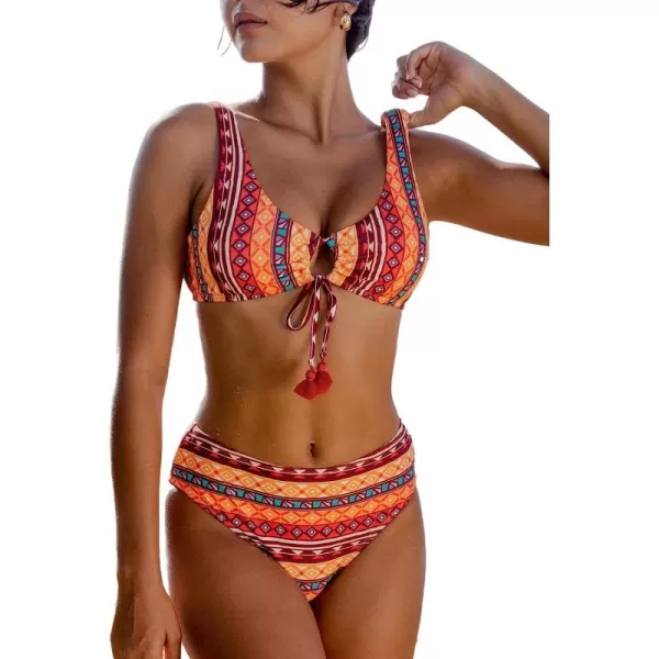 imageCUPSHE Womens Bikini Set Two Piece Swimsuits Keyhole Tassel Mid Rise Ribbed SwimwearOrange Vintage Print