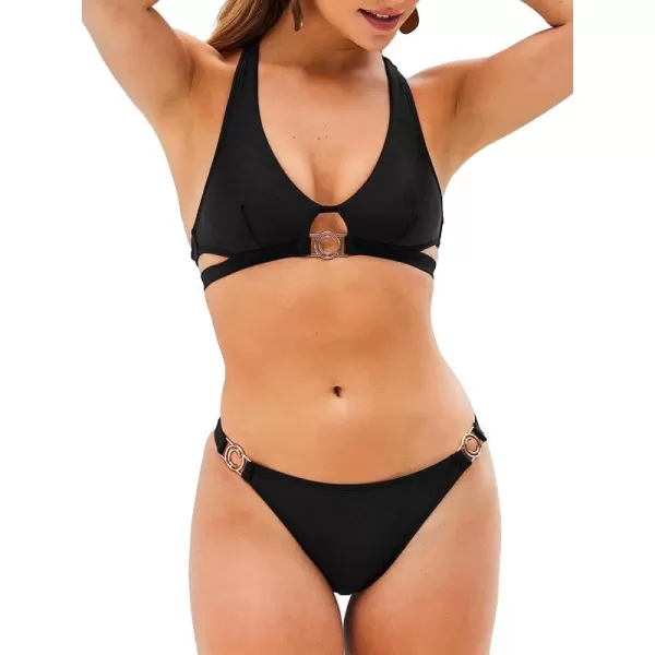 imageCUPSHE Womens Bikini Set Two Piece Swimsuits Low Rise V Neck Cutout Crisscross Back Adjustable StrapsBlack