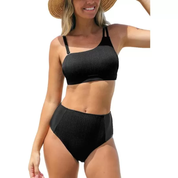 imageCUPSHE Womens Bikini Set Two Piece Swimsuits Removable Strap Adjustable Swimwear One Shoulder High WaistedBlack