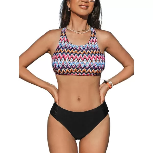 imageCUPSHE Womens Bikini Set Two Piece Swimsuits Round Neck Back Self Tie Mid Rise RuchedRainbow Ethnic