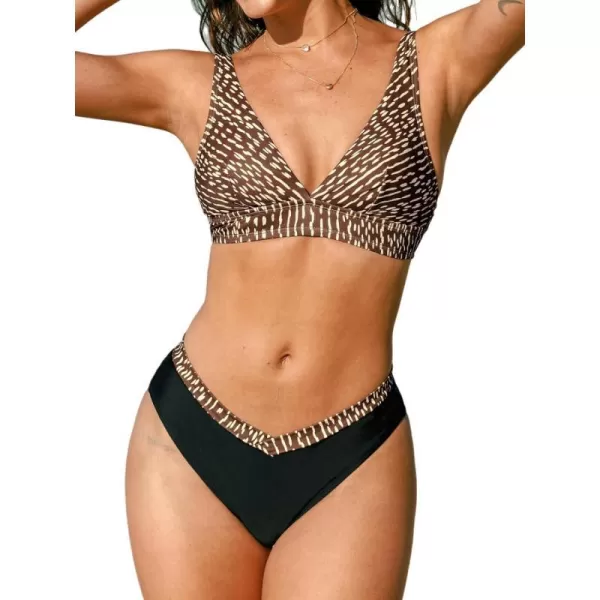 imageCUPSHE Womens Bikini Set Two Piece Swimsuits V Neck Back Hook Adjustable Straps Mid Rise V Cut BottomBrown Black