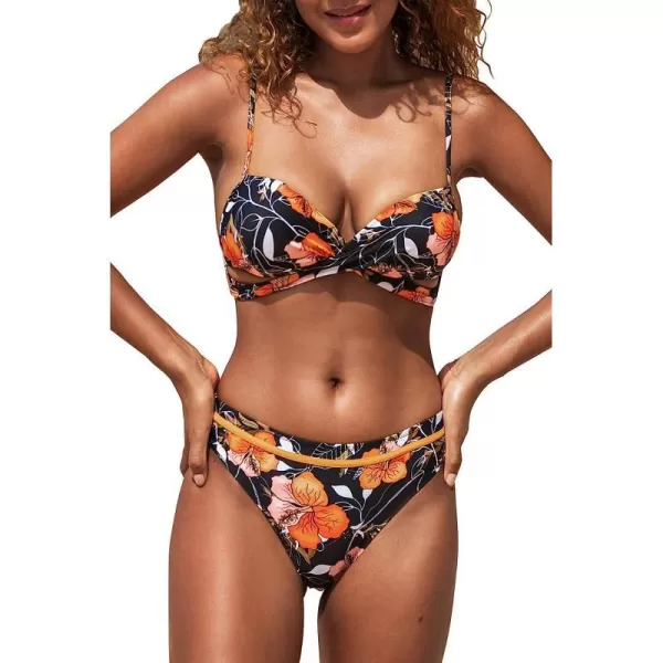 imageCUPSHE Womens Bikini Set Wrap Mid Rise Cheeky Floral Swimsuit with Adjustable StrapsBlack