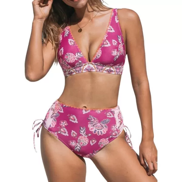 imageCUPSHE Womens Bikini Sets Bathing Suit Hign Waisted V Neck Back Self Tie U Back Drawstring Wide StrapsMagenta Paisley