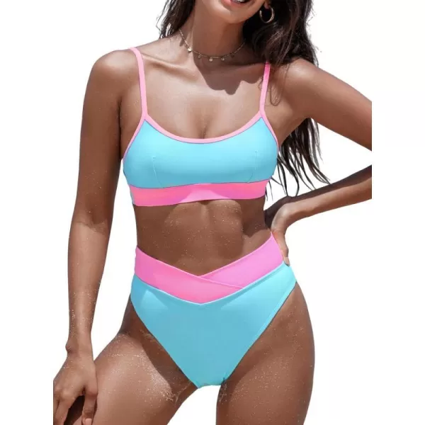 imageCUPSHE Womens Bikini Sets High Waisted Scoop Neck High Cut Cheeky Bottom V Cut Color Block Bathing SuitBaby BluePink