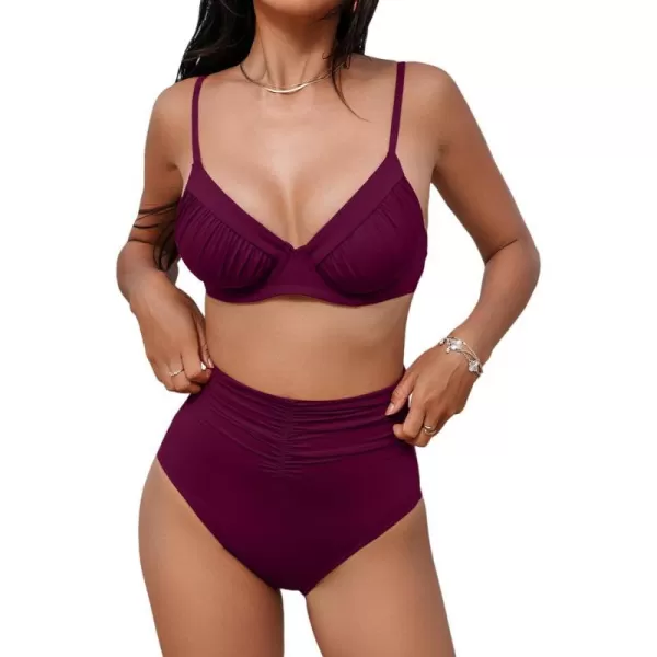 imageCUPSHE Womens Bikini Sets High Waisted Sculpting Two Piece Swimsuit V Neck Adjustable Straps Push Up UnderwireRed Purple