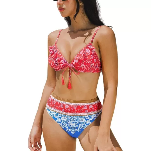 imageCUPSHE Womens Bikini Sets High Waisted Two Piece Swimsuit Ruffled V Neck Self Tie SwimwearRed Blue