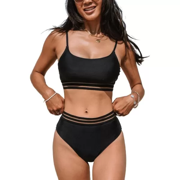 imageCUPSHE Womens Bikini Sets High Waisted Two Piece Swimsuit Scoop Neck Mesh Striped SwimwearBlack