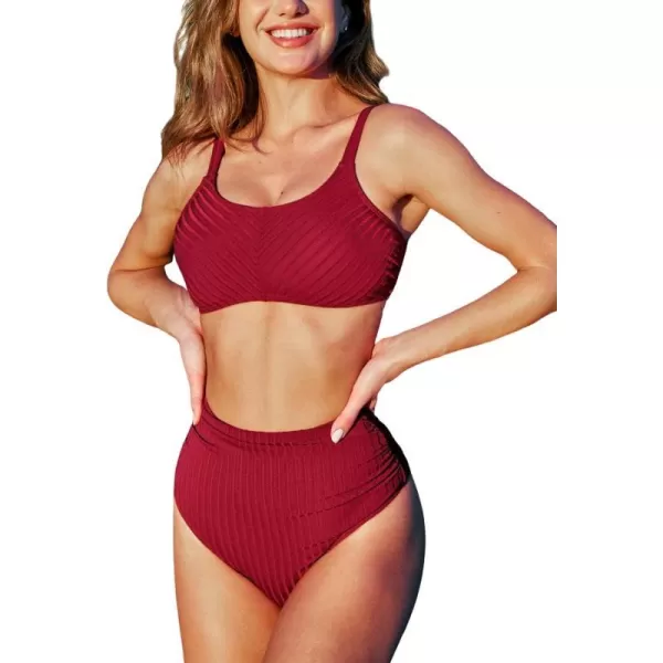 imageCUPSHE Womens Bikini Sets High Waisted Two Piece Swimsuit Scoop Neck Ruched Ribbed Swiwmear Back HookWine Red