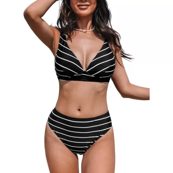 imageCUPSHE Womens Bikini Sets High Waisted Two Piece Swimsuit V Neck Striped SwimwearBlack Stripes