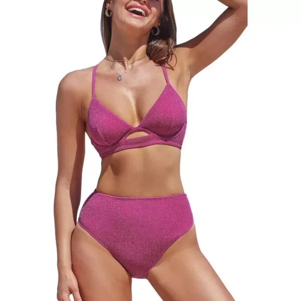 imageCUPSHE Womens Bikini Sets High Waisted V Neck Cutout Crisscross Back Self Tie Push Up Underwire ShiningMagenta