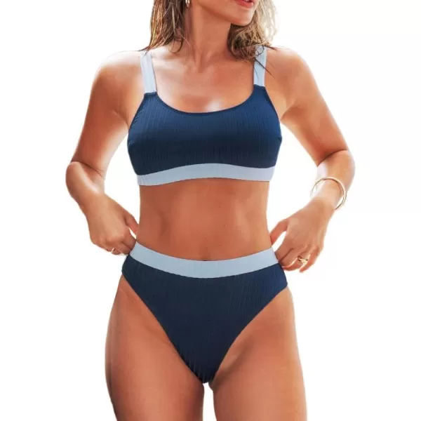 imageCUPSHE Womens Bikini Sets Hign Waisted Scoop Neck Wide Adjustable Straps Color Block RibbedNavy Blue