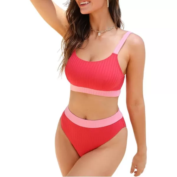 imageCUPSHE Womens Bikini Sets Hign Waisted Scoop Neck Wide Adjustable Straps Color Block RibbedRose Red