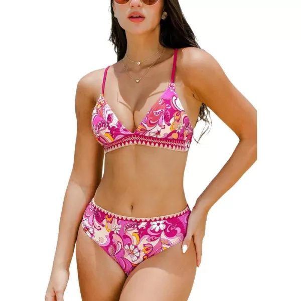 imageCUPSHE Womens Bikini Sets Hign Waisted V Neck Spaghetti Straps Crisscross Back Self Tie StitchingPink Paisley
