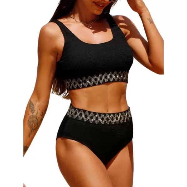 imageCUPSHE Womens Bikini Sets Tank High Waisted Wide Straps Scoop Neck Textured Bandeau SwimsuitBlack