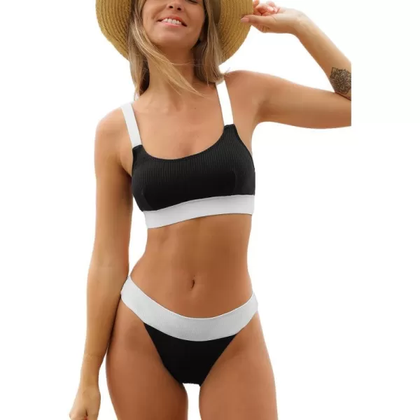 imageCUPSHE Womens Bikini Sets Two Piece Bathing Suit Color Block Scoop Neck Adjustable Straps Mid Rise Cheeky BottomBlackWhite