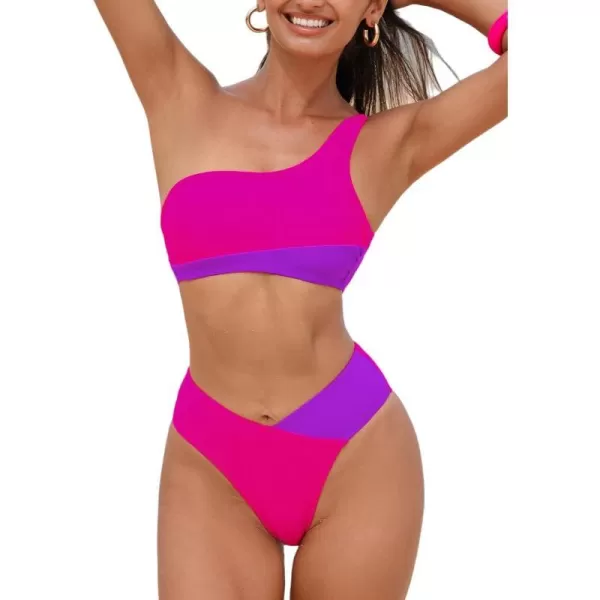 imageCUPSHE Womens Bikini Sets Two Piece Bathing Suit High Waisted One Shoulder V Cut Cheeky Color BlockPurplePink