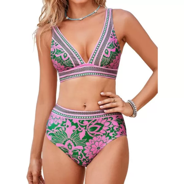 imageCUPSHE Womens Bikini Sets Two Piece Bathing Suit High Waisted Plunging V Neck Wide Straps Back HookOrchid PinkFloral